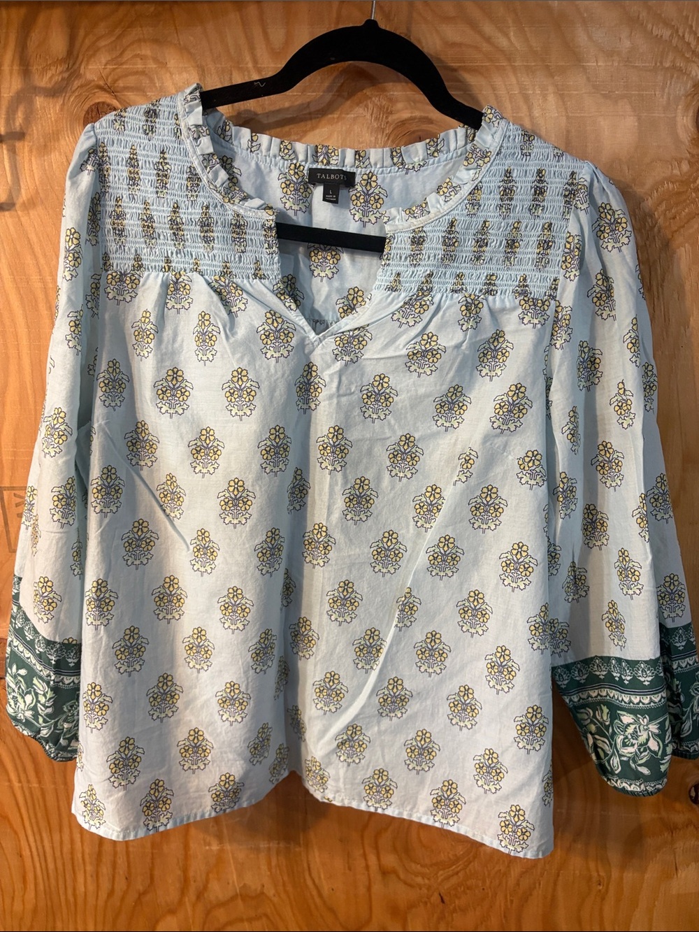 Talbots Light Blue Floral Smocked Yoke Tunic with Green Cuff Detail NWOT